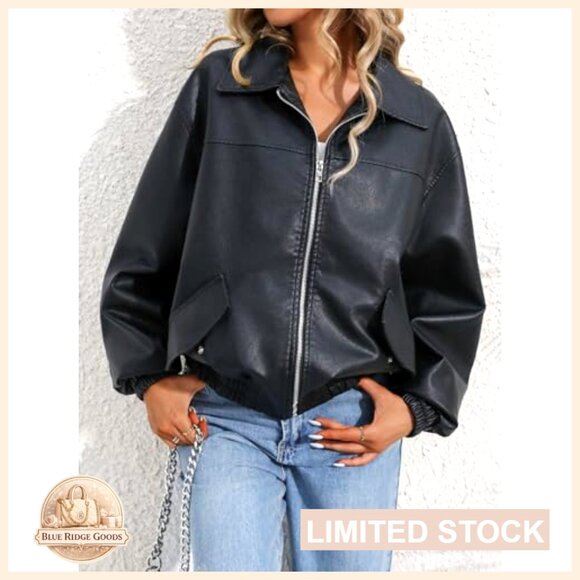 Faux Leather Bomber Jacket Women's Zip Up Biker Style Lightweight - Picture 6 of 7